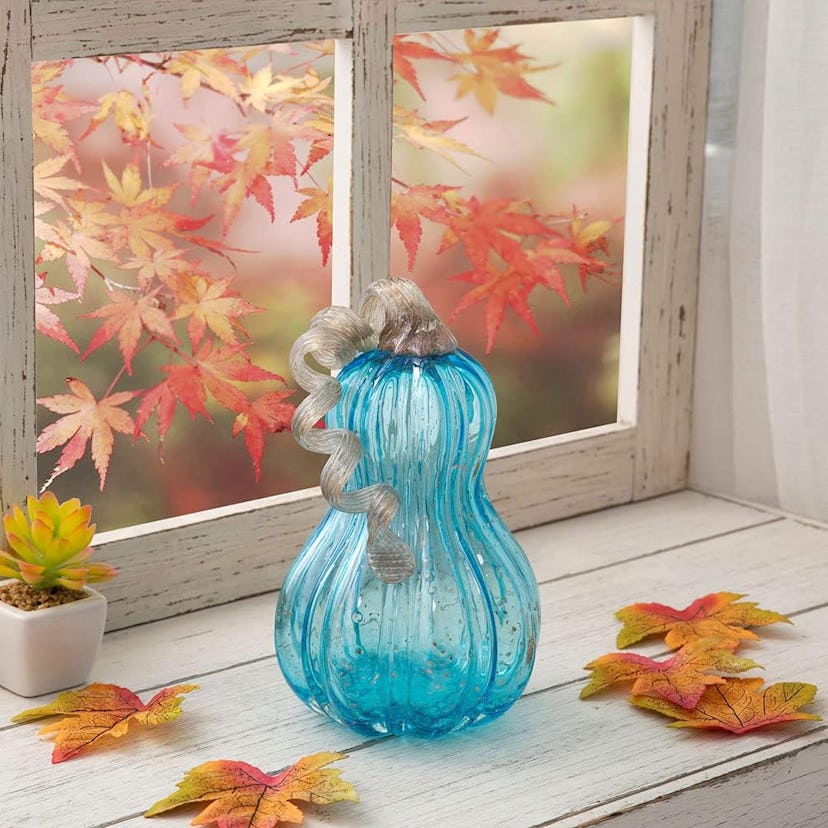 glitzhome Hand Blown Blue Glitter Glass Pumpkin