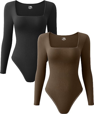 OQQ Square Neck Long Sleeve Bodysuits (2-Pack)