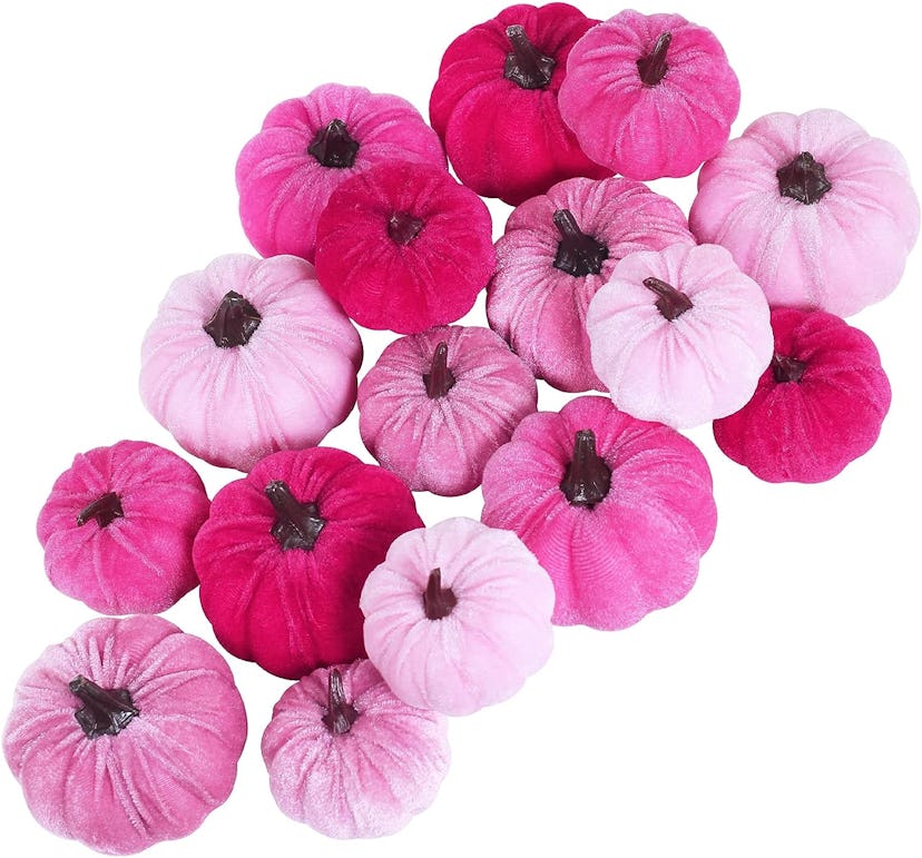 Set of 16 Faux Assorted Velvet Pink Pumpkins