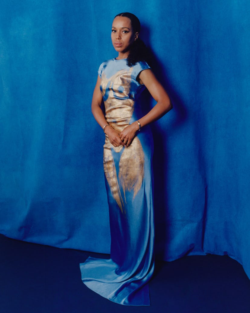 Washington wears a Schiaparelli dress and shoes; State Property bracelets.