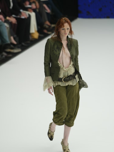 A model walks the runway at the Spring 2003 Alexander McQueen show in Paris. 