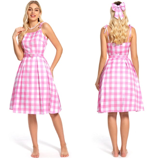 2023 Doll Movie Margot Robbie Pink Plaid Long Dress Outfits Cosplay Costume