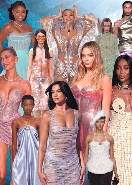 A collage of celebrities wearing shimmering, mermaid-esque clothing