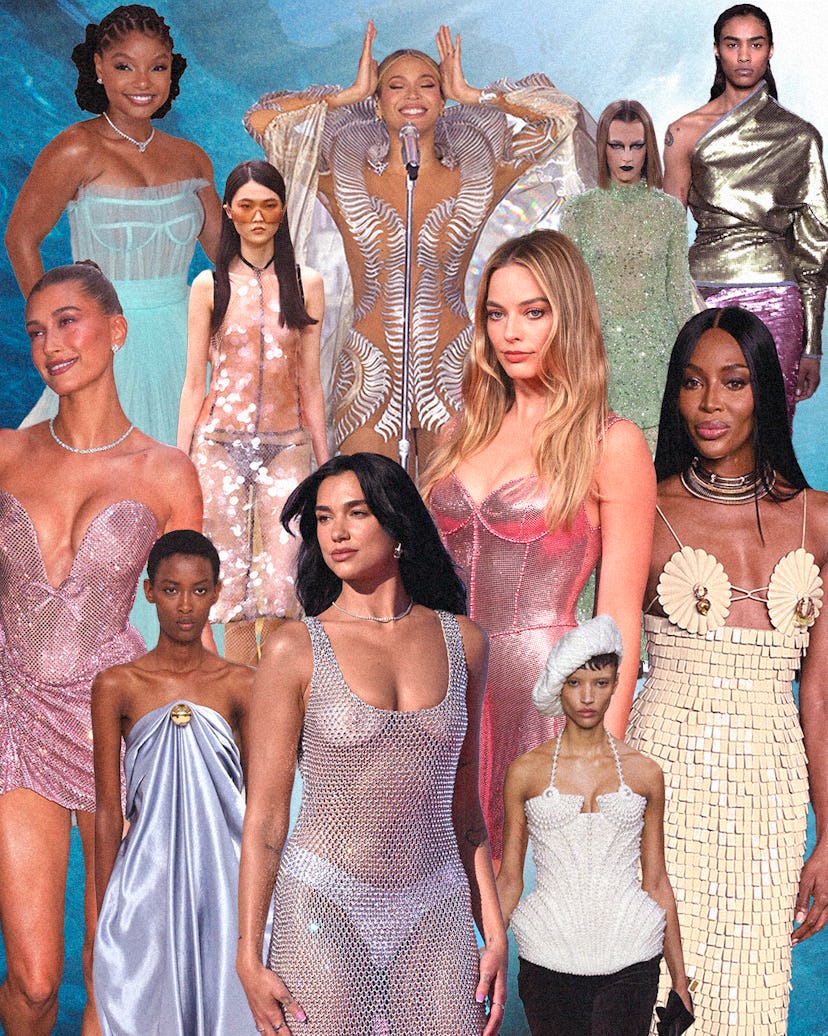 A collage of celebrities wearing shimmering, mermaid-esque clothing