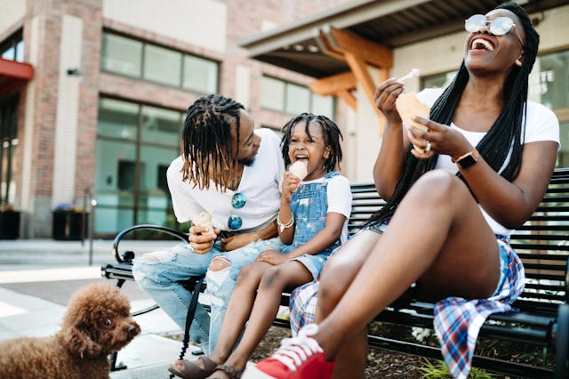A family enjoys a summer ice cream cone.