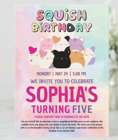 Cat Squishmallow Birthday Invitation