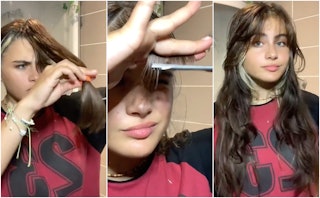 A woman tries a viral DIY TikTok haircut.