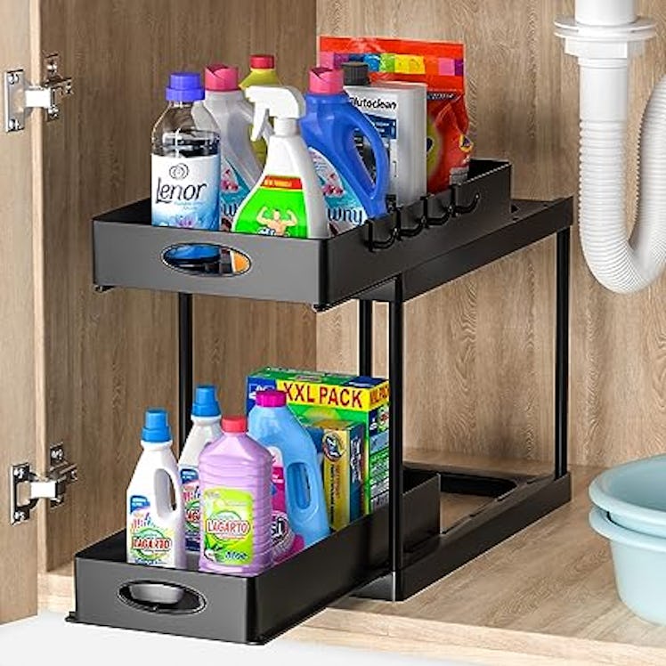This under-the-sink sliding organizer is a great way to organize cleaning products and toiletries.