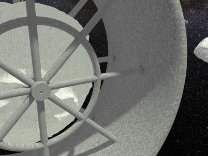 Blender image of a large rotating space station similar to the one described in the study.