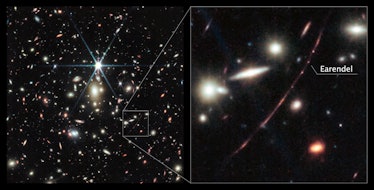 photograph of a field of galaxies in space, with an inset showing the location of Earendel.