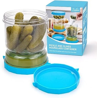 This pickle and olive jar has a dual-sided design that lets you strain pickles out of their juice fo...