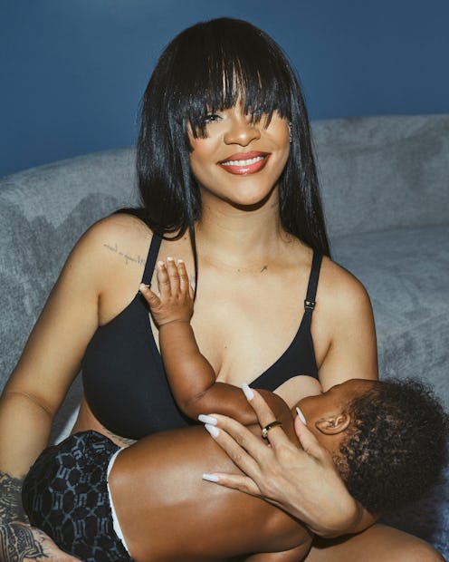 Rihanna in maternity wear with baby RZA.