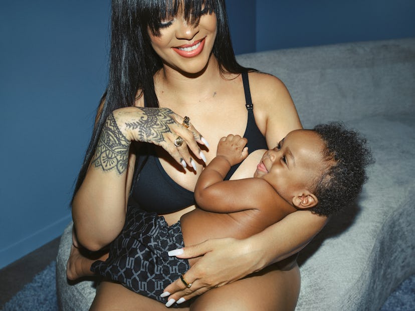 Rihanna in maternity wear with baby RZA.