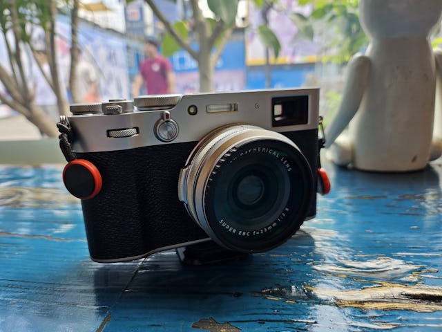 A photo of a digital camera taken with the Samsung Galaxy Z Flip 5 camera