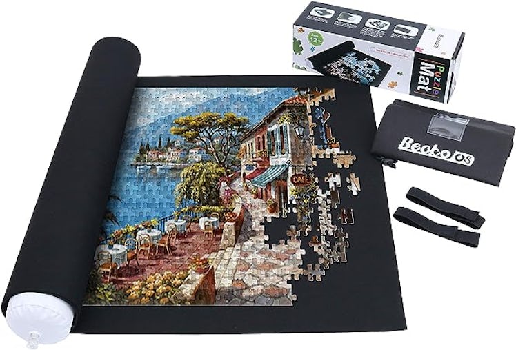 This roll-up puzzle mat lets you store and save your puzzles so you can finish them later.