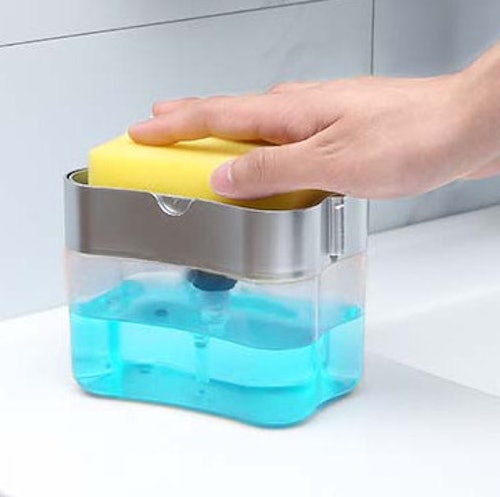 Aeakey Soap Dispenser,Dish Soap Dispenser for Kitchen,Sponge Holder Sink  Dish Washing Soap Dispenser 13 Ounces (Silver)