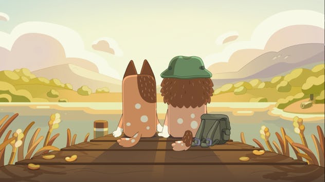 Chilli and Mort on the dock by a pond in "Granddad."
