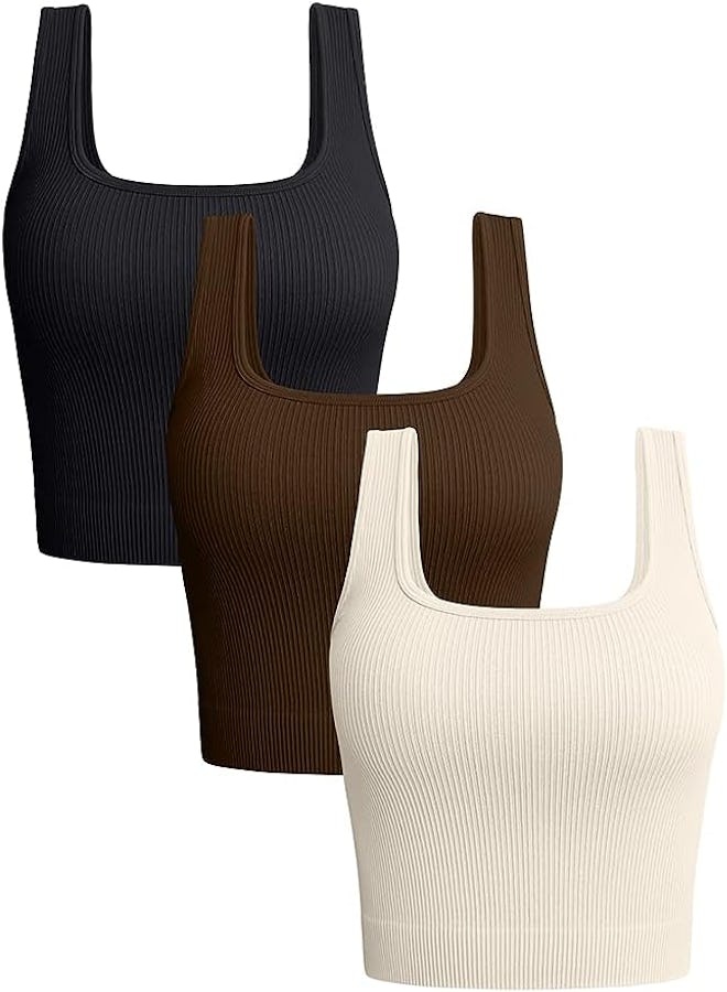 OQQ Ribbed Seamless Crop Tops (3-Pack)