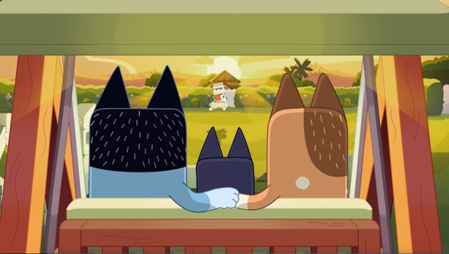 Bandit, Bluey, and Chilli watch Bingo play in "Flat Pack."