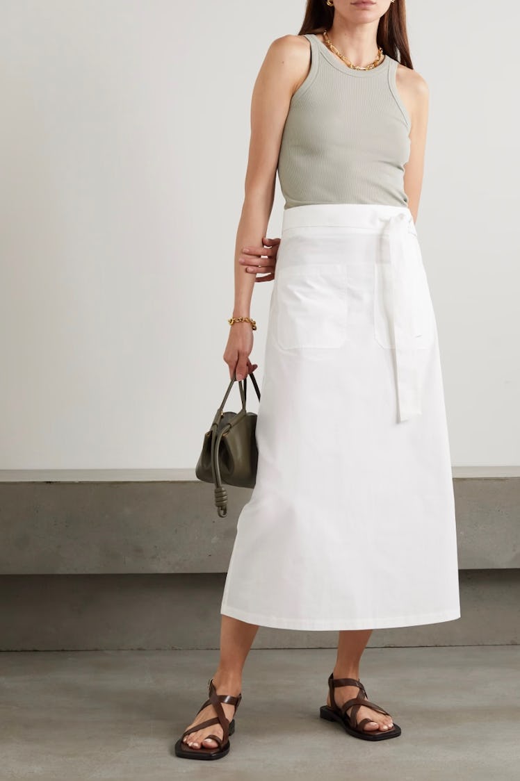 Belted Organic Cotton-Poplin Midi Skirt