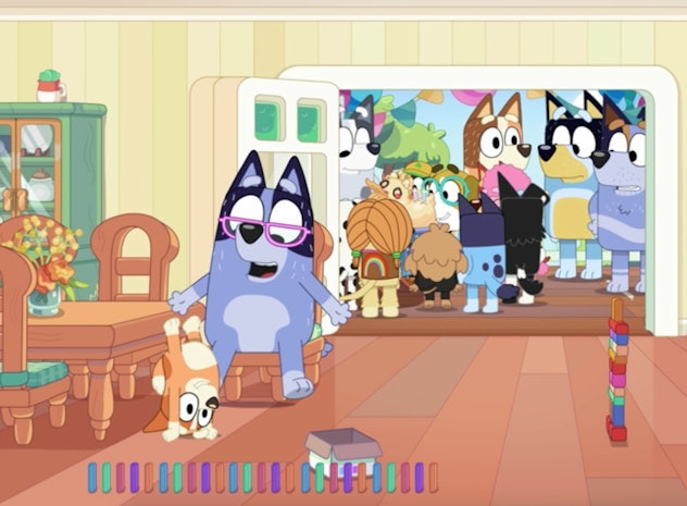 Nana and Bingo in the foreground of a party scene in "Handstand."