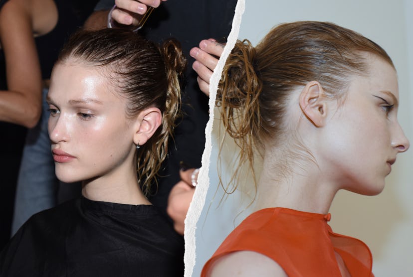 Here is how to achieve a wet hair look like the hairstyle at Khaite’s NYFW Spring/Summer 2024 show.