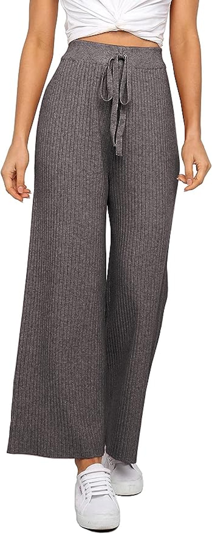 Waitfairy Womens Solid Rib Knit Wide Leg Pants 