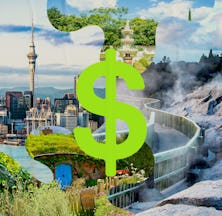 A collage featuring iconic international sights overlaid with a large green dollar sign, symbolizing...