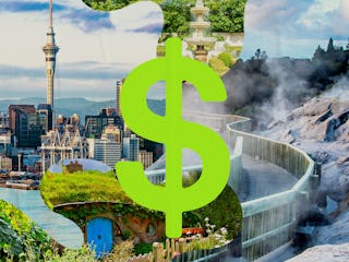 A collage featuring iconic international sights overlaid with a large green dollar sign, symbolizing...