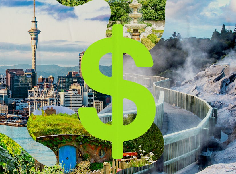 A collage featuring iconic international sights overlaid with a large green dollar sign, symbolizing...