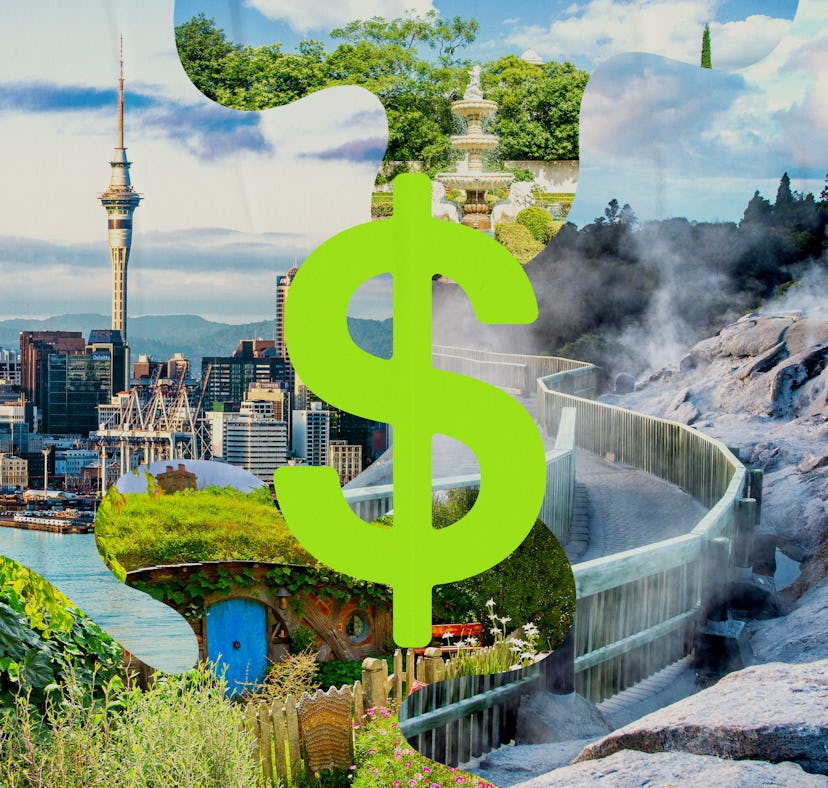 A collage featuring iconic international sights overlaid with a large green dollar sign, symbolizing...