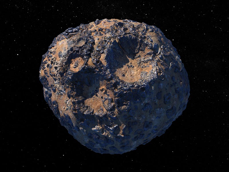 An illustration of asteroid Psyche. The round object has two massive pits towards the center of the ...