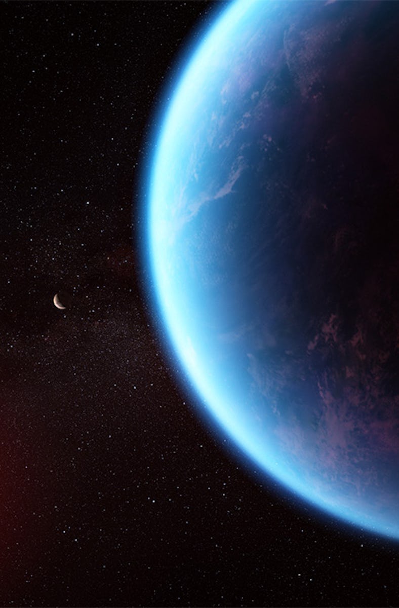 A large blue planet in the foreground with a small red star in the background