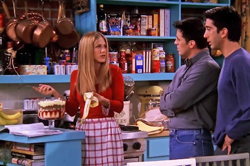 Jennifer Aniston, Matt LeBlanc, and David Schwimmer as Rachel Green, Joey Tribbiani, and Ross Gellar...