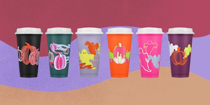 The Halloween Reusable Hot Cup 6 Pack is part of the Starbucks 2023 Halloween merch collection. 