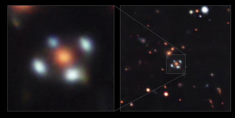 inset showing an orange galaxy surrounded by four copies of the same blue one