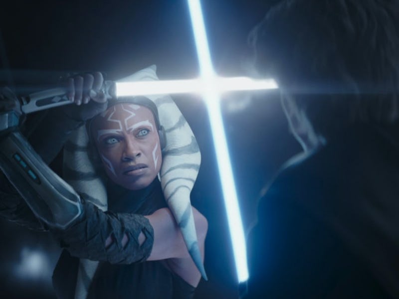 Ahsoka Tano (Rosario Dawson) crosses lightsabers with Anakin Skywalker (Hayden Christensen) in 'Ahso...