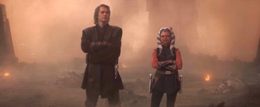Anakin Skywalker (Hayden Christensen) stands next to Young Ahsoka (Ariana Greenblatt) in 'Ahsoka' Ep...
