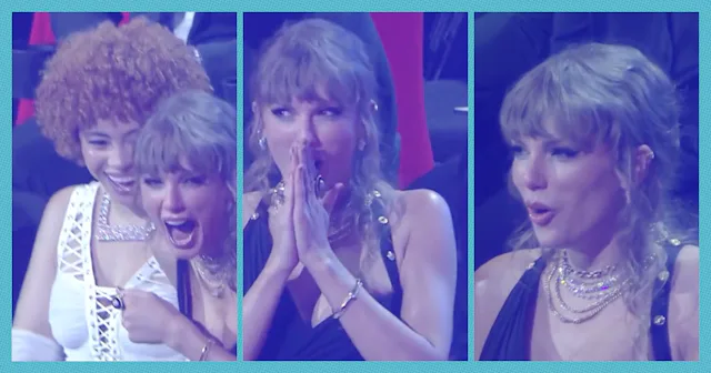 Taylor Swift reacts to seeing NSYNC at the 2023 Video Music Awards.