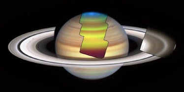 An image of Saturn, overlaid with four tiles showing new MIRI images