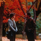 From the film 'When Harry Met Sally.' Characters Sally & Harry are looking at each other in a park w...