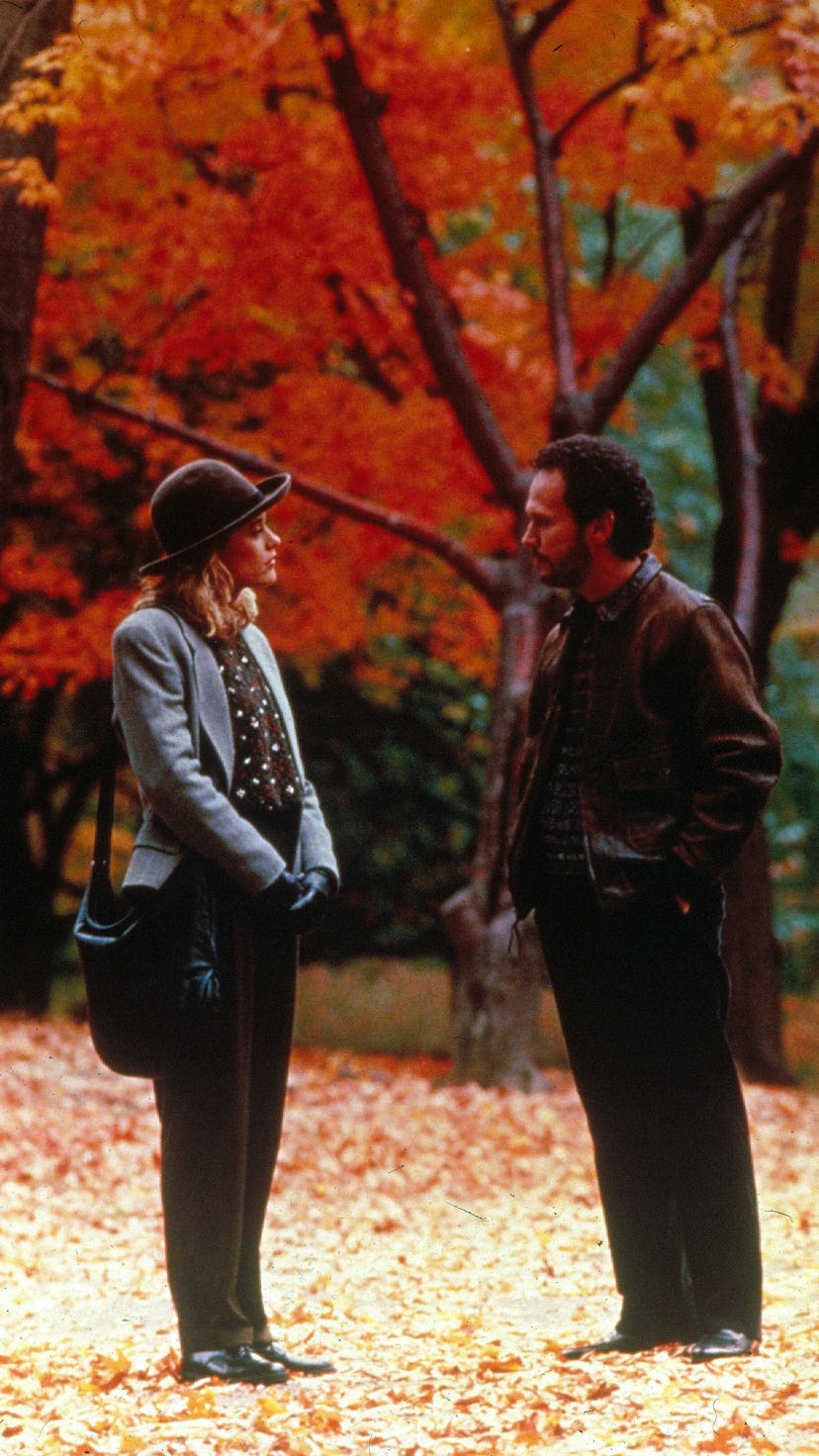 From the film 'When Harry Met Sally.' Characters Sally & Harry are looking at each other in a park w...