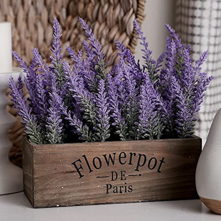 Butterfly Craze Artificial Lavender Plants in Rustic Wooden Planters