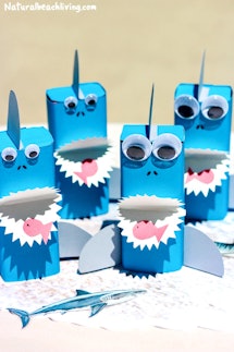birthday party food idea: dress up juice boxes to look like sharks 