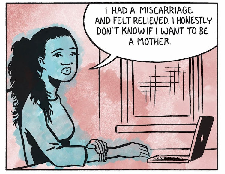 A woman at her computer, with the text bubble: “I had a miscarriage and felt relieved. I honestly do...