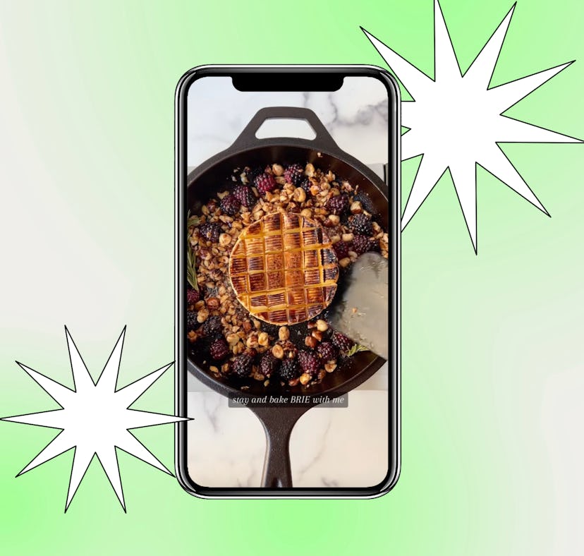 A TikToker shows baked brie recipes on TikTok with ingredients like nuts and blackberries.