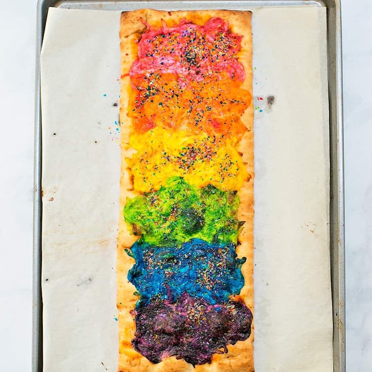 serve rainbow glitter unicorn pizza at a kids birthday party 
