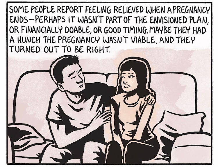 Panel 1: a man hugging a woman on the couch, with the text: "Some people report feeling relieved whe...