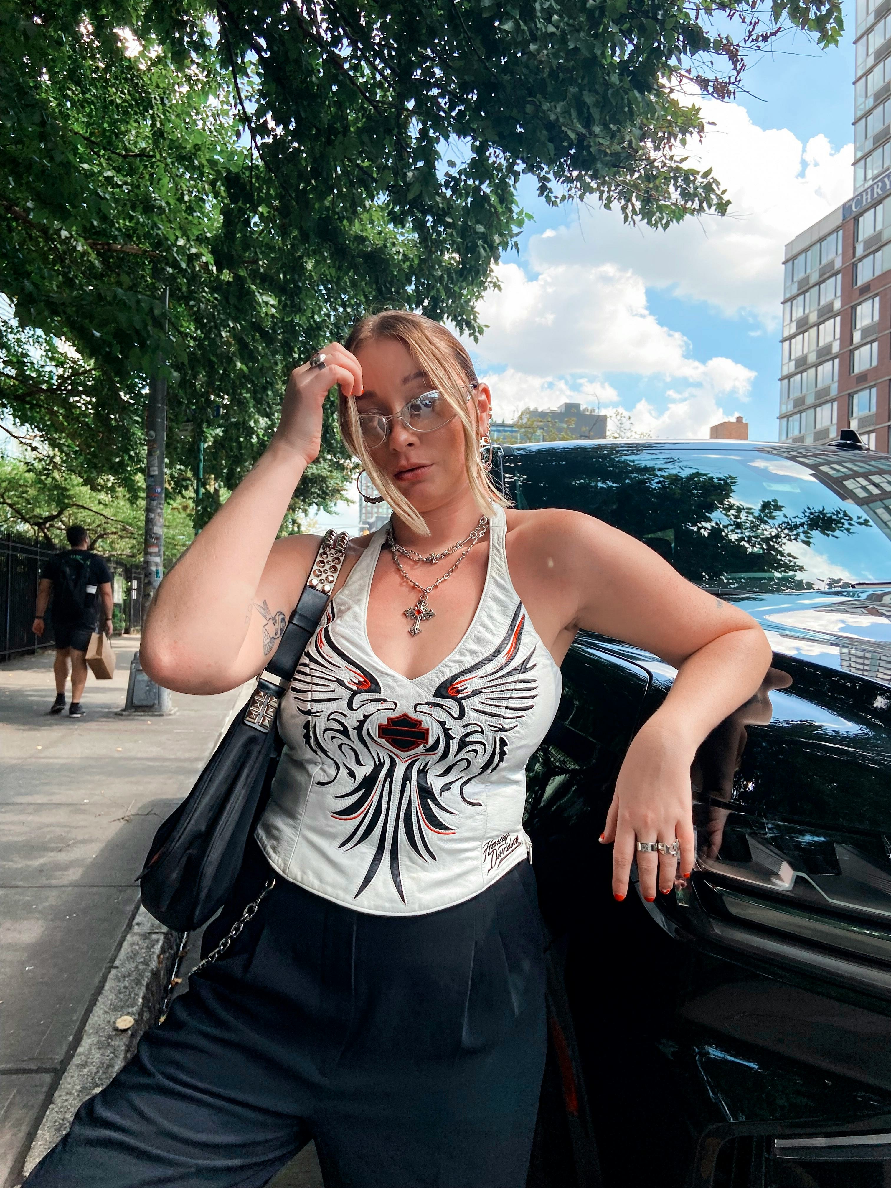 kelsey stiegman wears a vintage leather harley davidson corset and trousers at new york fashion week&hellip;