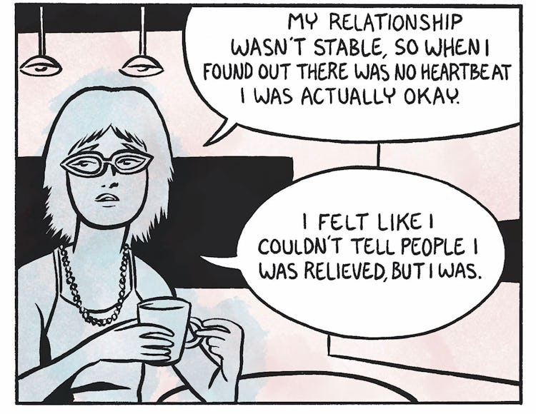 Woman with glasses holding a coffee mug with speech bubbles: "“My relationship wasn’t stable, so whe...